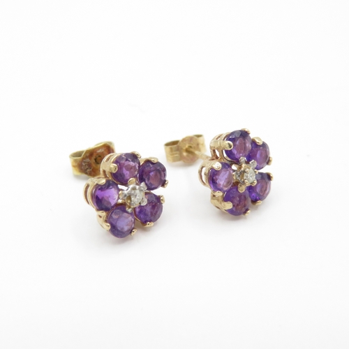 29 - 2 x 9ct Gold Purple Sapphire and White Zircon & Amethyst and Diamond Floral Stud Earrings (3.5g)