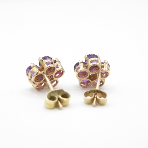 29 - 2 x 9ct Gold Purple Sapphire and White Zircon & Amethyst and Diamond Floral Stud Earrings (3.5g)