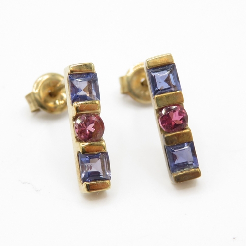 44 - 9ct Gold Pink Tourmaline and Iolite Drop Earrings (1.8g)