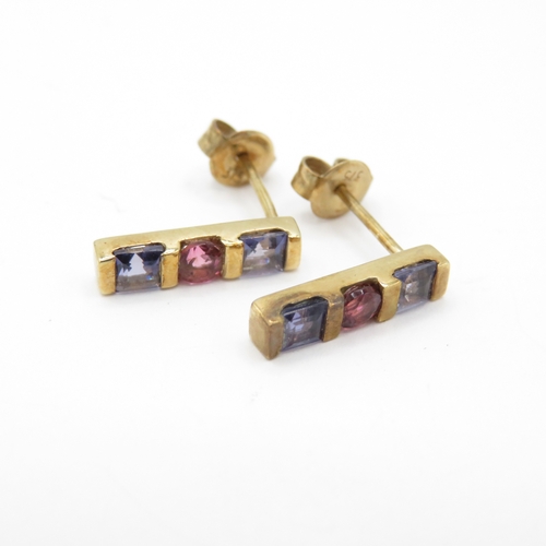 44 - 9ct Gold Pink Tourmaline and Iolite Drop Earrings (1.8g)