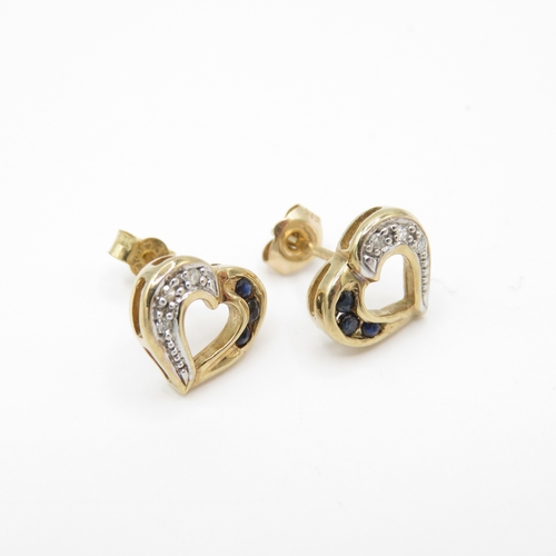 56 - 2 x 9ct Gold Sapphire and Diamond Hearts & Tourmaline Cluster Stud Earrings (2.9g)