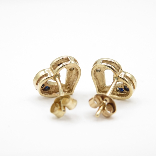 56 - 2 x 9ct Gold Sapphire and Diamond Hearts & Tourmaline Cluster Stud Earrings (2.9g)