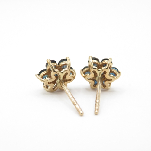 56 - 2 x 9ct Gold Sapphire and Diamond Hearts & Tourmaline Cluster Stud Earrings (2.9g)