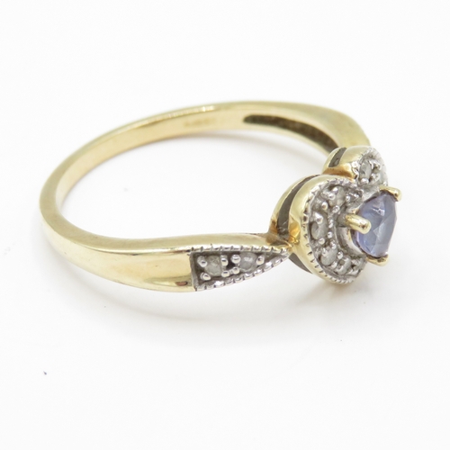 8 - 9ct Gold Iolite and Diamond Heart Shaped Halo Ring (3.2g) Size T 1/2