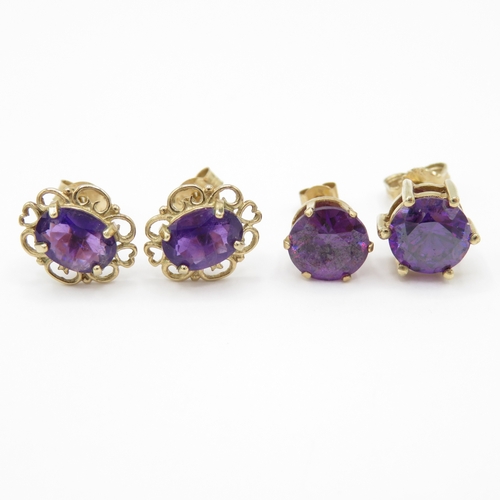 10 - 2 x 9ct Gold Amethyst & Purple Gemstone Stud Earrings (3.1g)