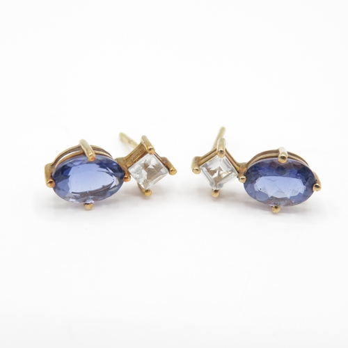 14 - 9ct Gold Diamond and Tanzanite & Iolite and White Zircon Stud Earrings (2.4g)