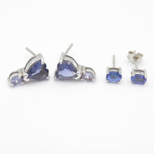 18 - 2 x 9ct White Gold Tanzanite Stud Earrings inc Heart (2.3g)