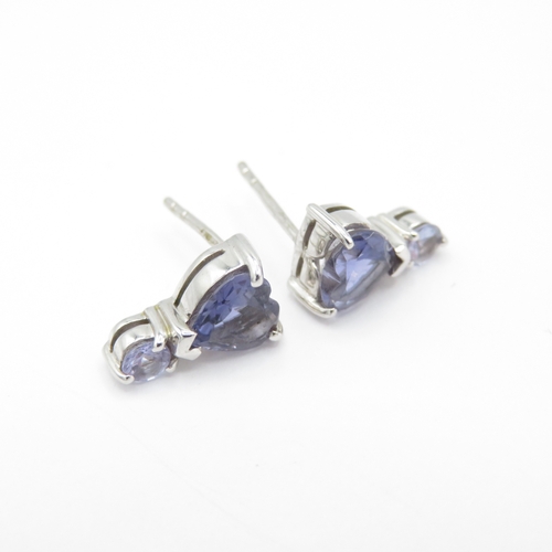 18 - 2 x 9ct White Gold Tanzanite Stud Earrings inc Heart (2.3g)