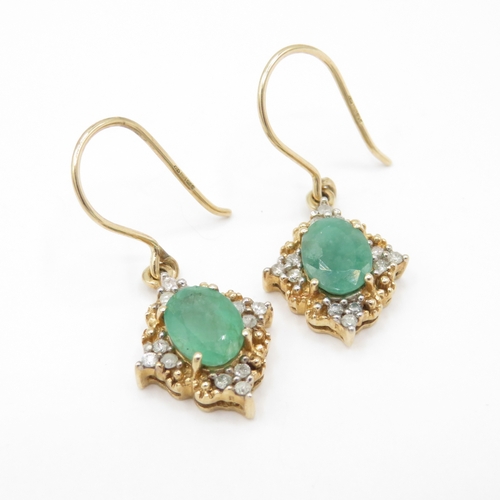 20 - 9ct Gold Emerald and Diamond Drop Earrings (3.9g)
