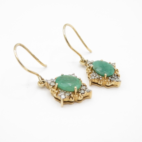 20 - 9ct Gold Emerald and Diamond Drop Earrings (3.9g)