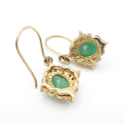 20 - 9ct Gold Emerald and Diamond Drop Earrings (3.9g)