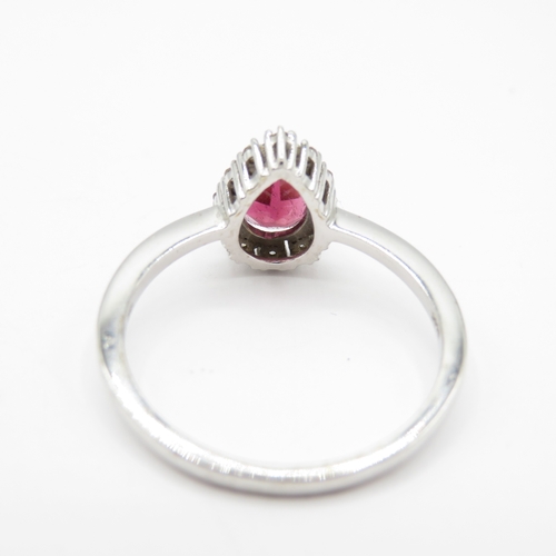 35 - 9ct White Gold Garnet and Diamond Halo Ring (2.8g) Size S