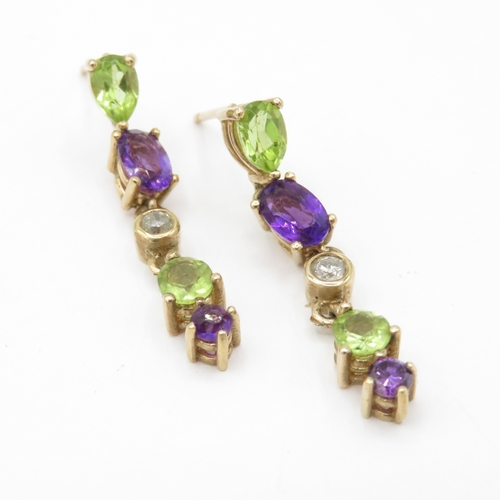 41 - 9ct Gold Peridot Amethyst and Diamond Drop Earrings (3.1g)