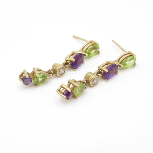 41 - 9ct Gold Peridot Amethyst and Diamond Drop Earrings (3.1g)