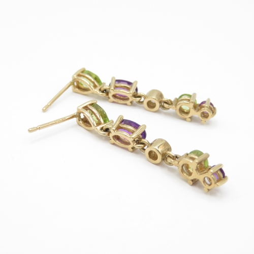 41 - 9ct Gold Peridot Amethyst and Diamond Drop Earrings (3.1g)