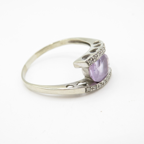 43 - 9ct White Gold Amethyst and Diamond Bypass Ring with Heart Gallery (3.1g) Size X