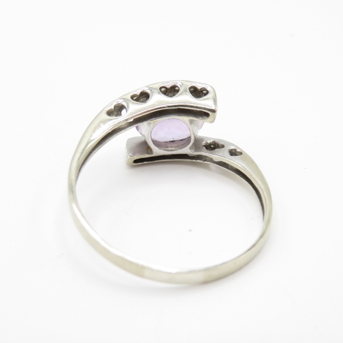 43 - 9ct White Gold Amethyst and Diamond Bypass Ring with Heart Gallery (3.1g) Size X