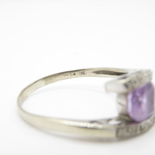43 - 9ct White Gold Amethyst and Diamond Bypass Ring with Heart Gallery (3.1g) Size X