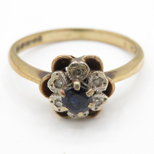 49 - 9ct Gold Sapphire and Diamond Floral Halo Ring (2.3g) Size M 1/2