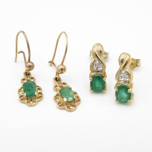 50 - 2 x 9ct Gold Emerald and Diamond Earrings (2.6g)