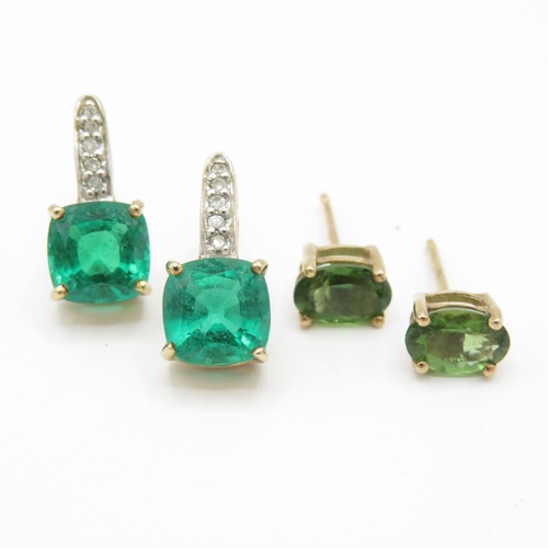 58 - 2 x 9ct Gold Chrome Diopside & Synthetic Spinel and Diamond Stud Earrings (1.9g)