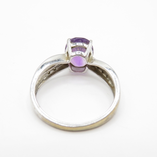 59 - 9ct White Gold Amethyst and Moissanite Dress Ring (2.6g) Size M