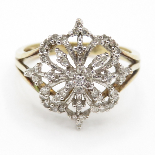 35 - 9ct gold diamond floral ring (2.8g) Size N 1/2