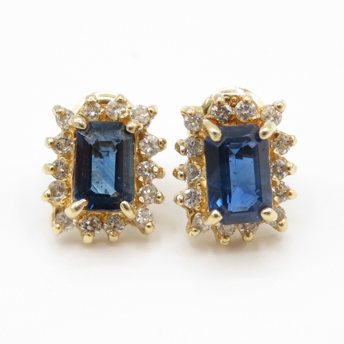 40 - 14ct gold sapphire and diamond square cut halo earring studs (2.65g)