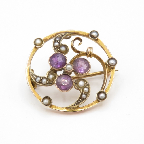 55 - 9ct gold amethyst split pearl brooch (3.4g)