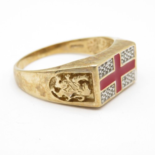 1 - 9ct gold diamond & enamel England gent's dress ring (6.7g) Size Y 1/2