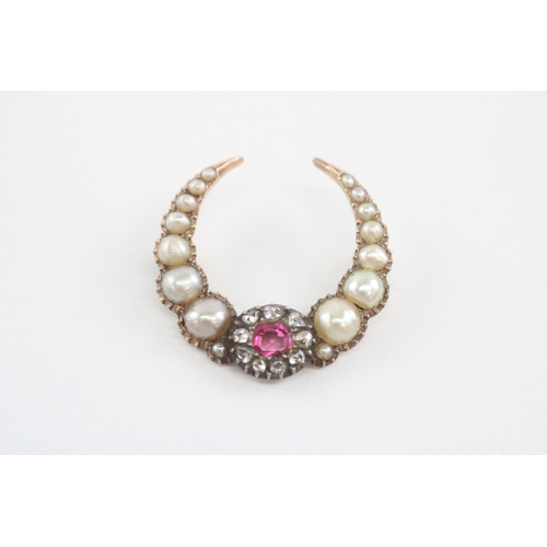 21 - 9ct and Silver Pink Sapphire and Diamond Pearl Brooch (3.2g)