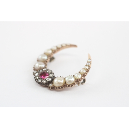 21 - 9ct and Silver Pink Sapphire and Diamond Pearl Brooch (3.2g)