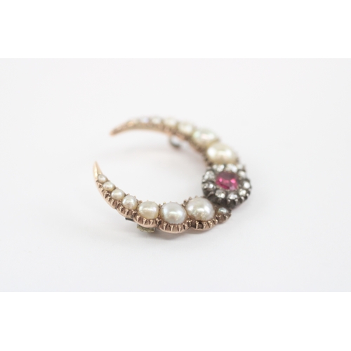 21 - 9ct and Silver Pink Sapphire and Diamond Pearl Brooch (3.2g)