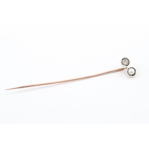 33 - 15ct gold with 9ct pin antique diamond and pearl enamel stick pin AF- damaged enamel (1.77g)