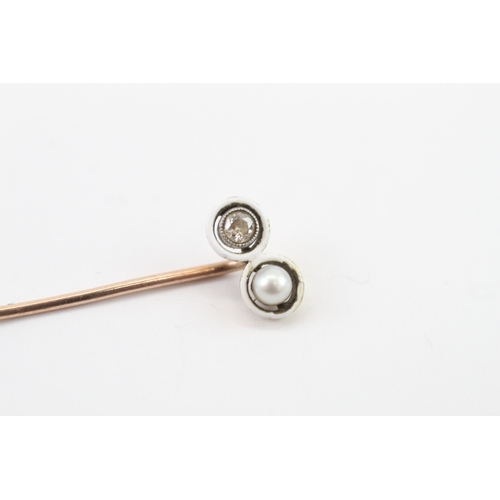 33 - 15ct gold with 9ct pin antique diamond and pearl enamel stick pin AF- damaged enamel (1.77g)