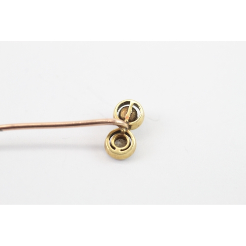 33 - 15ct gold with 9ct pin antique diamond and pearl enamel stick pin AF- damaged enamel (1.77g)