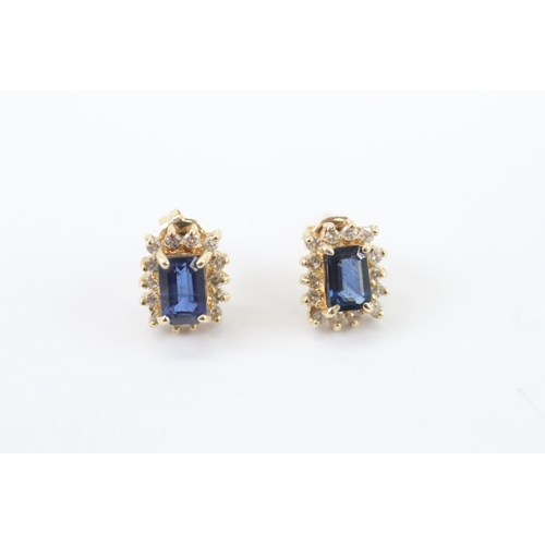 40 - 14ct gold sapphire and diamond square cut halo earring studs (2.65g)