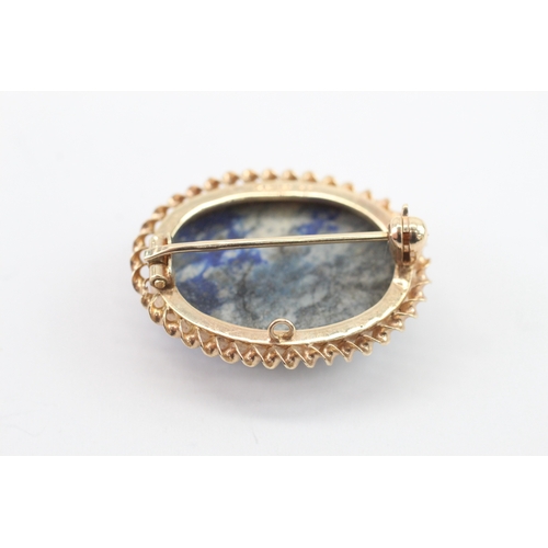 6 - 9ct gold lapis lazuli stone set brooch (6.2g)