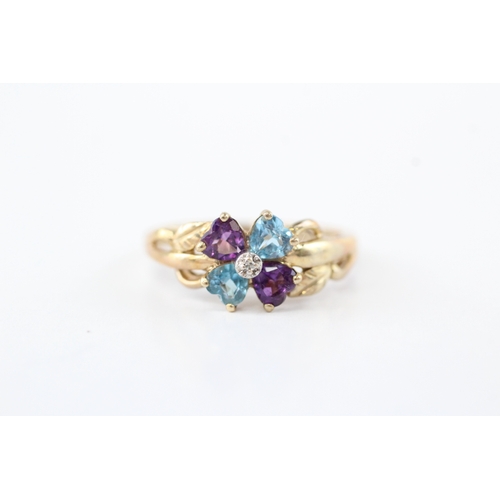60 - 9ct gold blue topaz amethyst diamond ring (3.2g) Size P