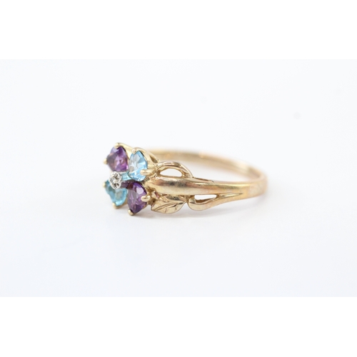 60 - 9ct gold blue topaz amethyst diamond ring (3.2g) Size P