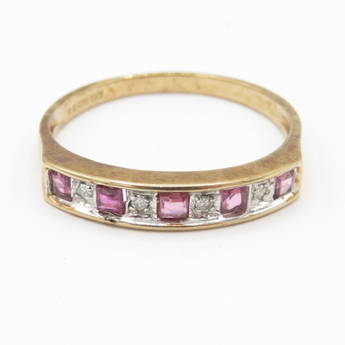 28 - 9ct gold pink sapphire diamond half eternity ring (2.1g) Size R