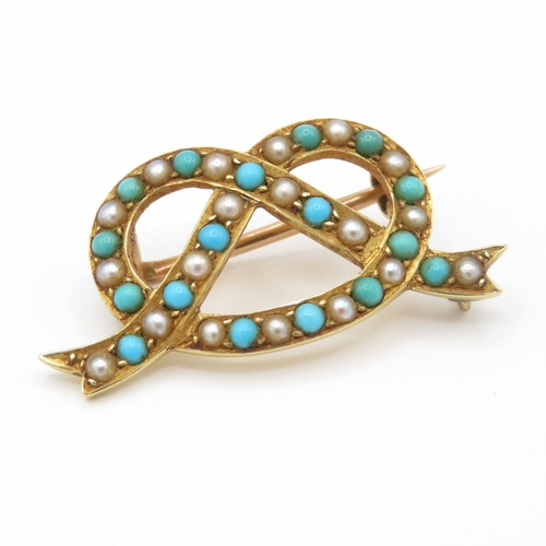 6 - 14ct gold with 9ct pin antique pearl and turquoise brooch (3.47g)