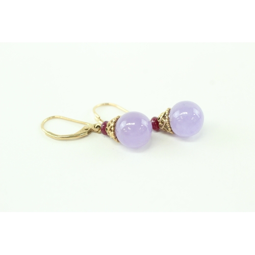 19 - 2x 9ct gold purple jade ruby earrings pendant set (8.1g)