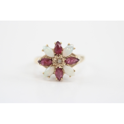 25 - 9ct gold ruby opal diamond cluster ring (3.3g) Size Q 1/2