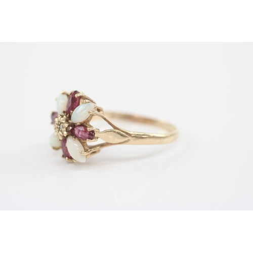 25 - 9ct gold ruby opal diamond cluster ring (3.3g) Size Q 1/2