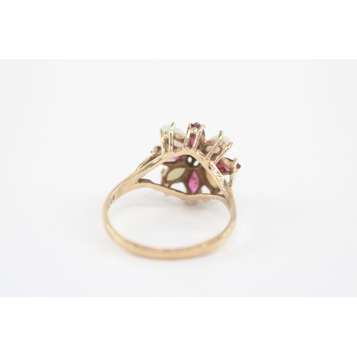 25 - 9ct gold ruby opal diamond cluster ring (3.3g) Size Q 1/2