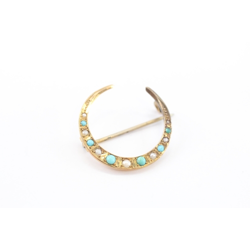 36 - 9ct gold antique turquoise and pearl crescent brooch (1.6g)