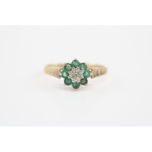 38 - 9ct gold emerald diamond cluster ring (1.6g) Size R