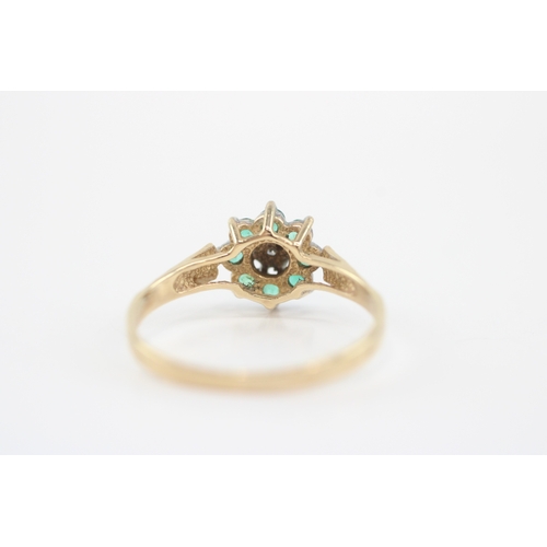38 - 9ct gold emerald diamond cluster ring (1.6g) Size R