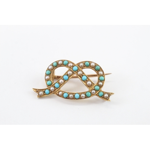 6 - 14ct gold with 9ct pin antique pearl and turquoise brooch (3.47g)